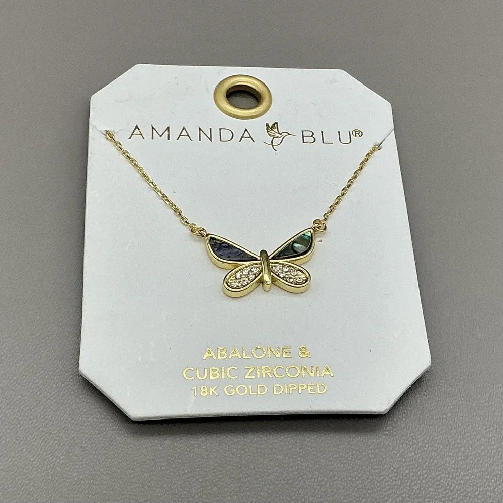 Amanda Blu Necklace Gold Tone Abalone Cubic Zirconia Butterfly‎ Pendant 18